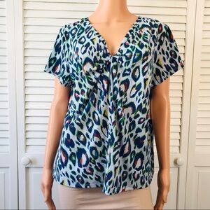 NINE WEST Blue Animal Print Stretch V-Neck Short Sleeve Top Size Extra Large